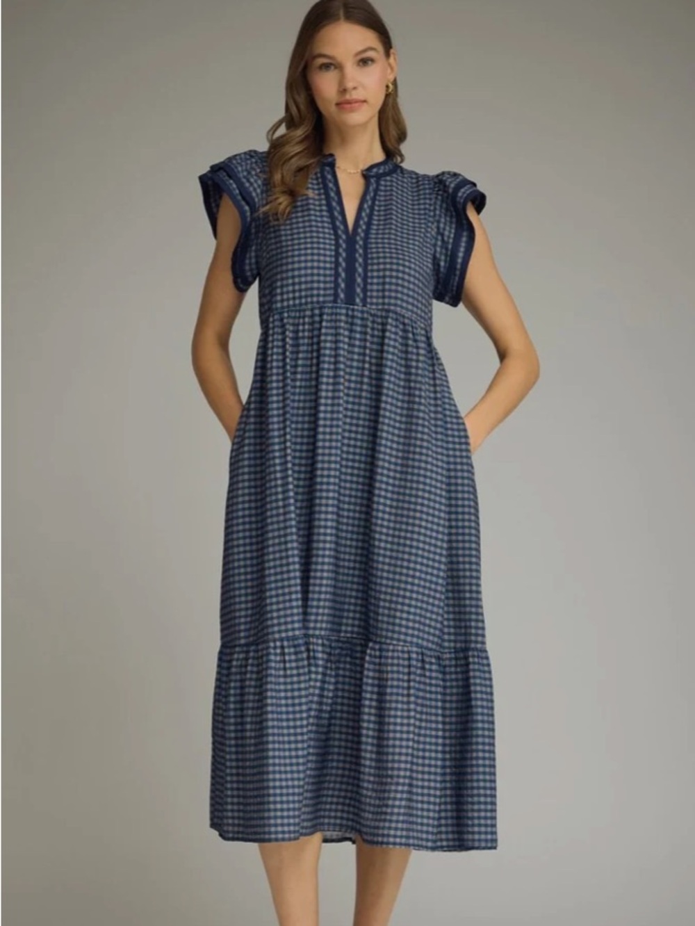 entro Navy Gingham Tiered Midi Dress